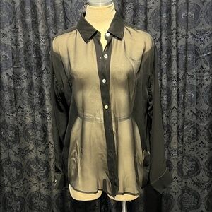 Sheer Silk/Chiffon Black Button-Up Blouse with abalone shell buttons NWT